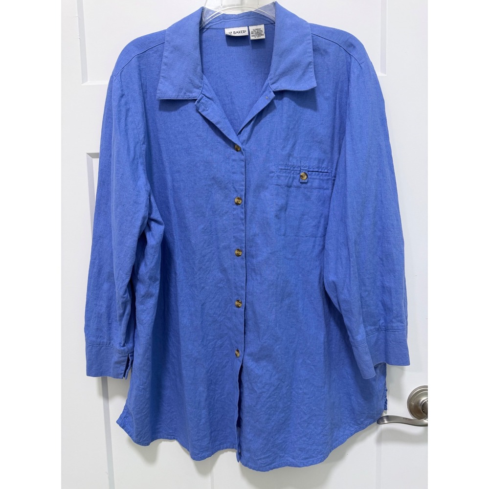 Liz Baker Blue Linen Cotton Blend Button Up Shirt XL Long Sleeve Pocket Top